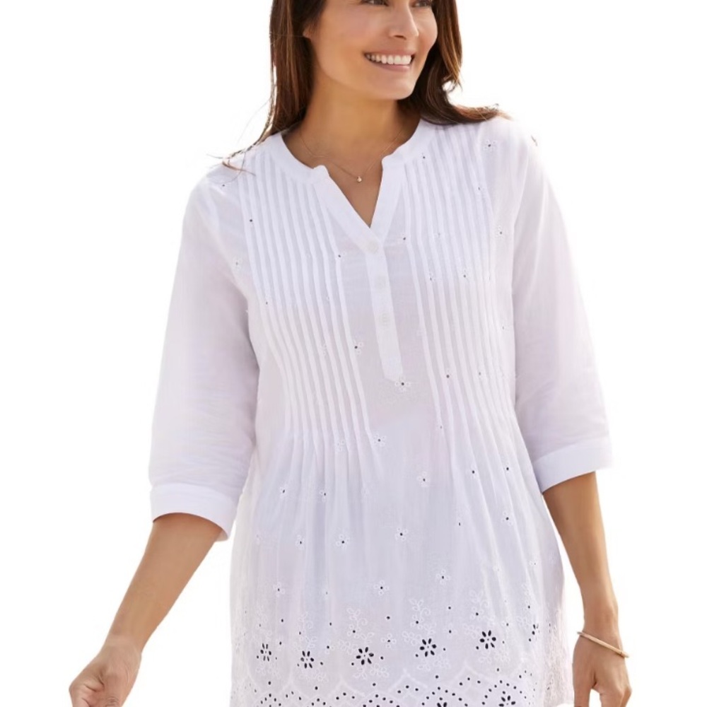 Woman Within White Eyelet Pintuck Tunic Women’s Plus size Large 18-20 Bohemian - Picture 9 of 9